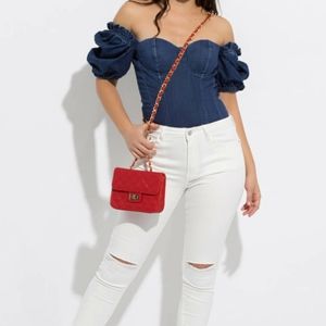 Denim off shoulder bodysuit